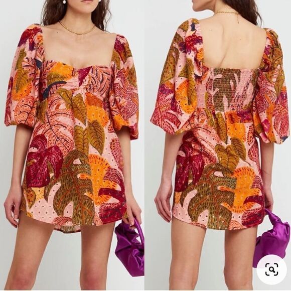 Kourt 🌴Robbie Palm Eyelet Puff Sleeve Mini, Peach/Orange/Pink/Green. Small. NWT - Picture 1 of 16